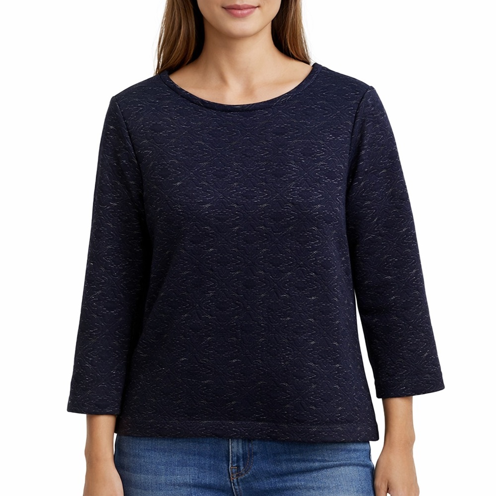 LOFT Navy Quilted Metallic Textured Knit Long Sleeve Top Size L